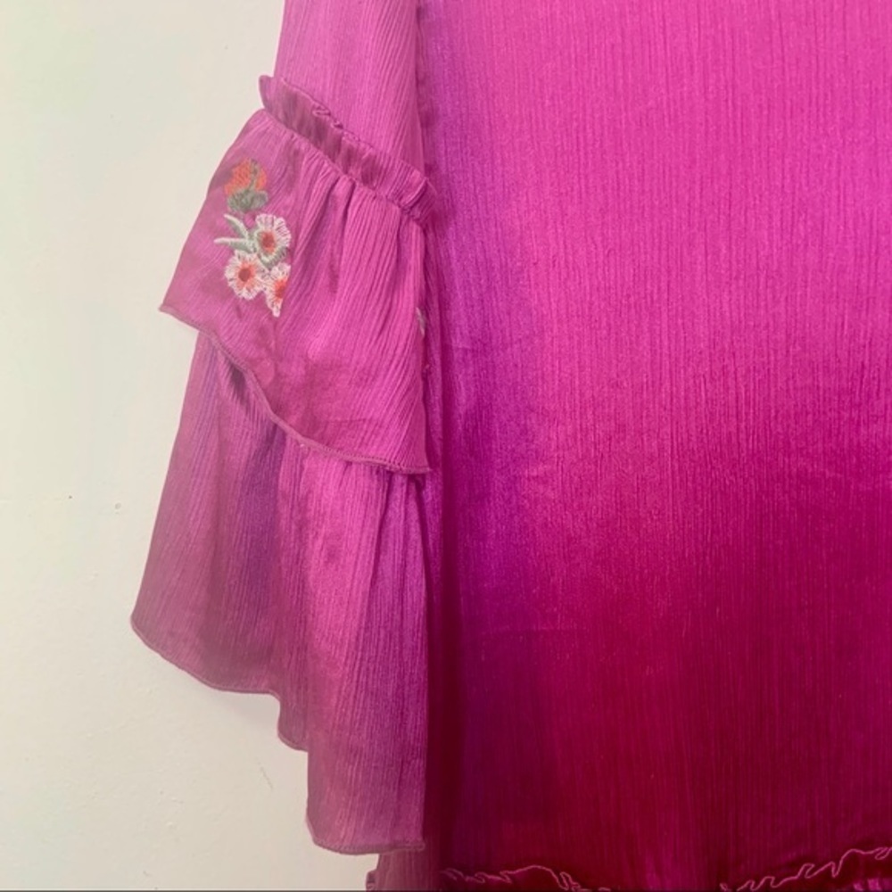 Umgee Usa Boho Gypsy Floral Embroidered Magenta Bell Sleeve Satin Top - Picture 10 of 13